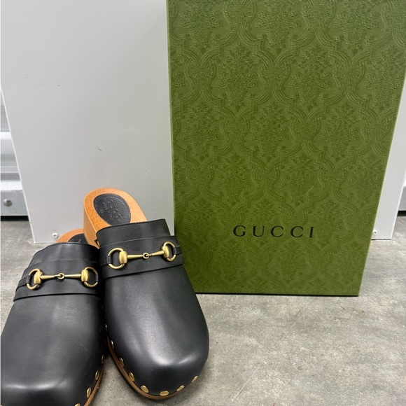 Gucci Black Leather Clogs with Gold Hardware